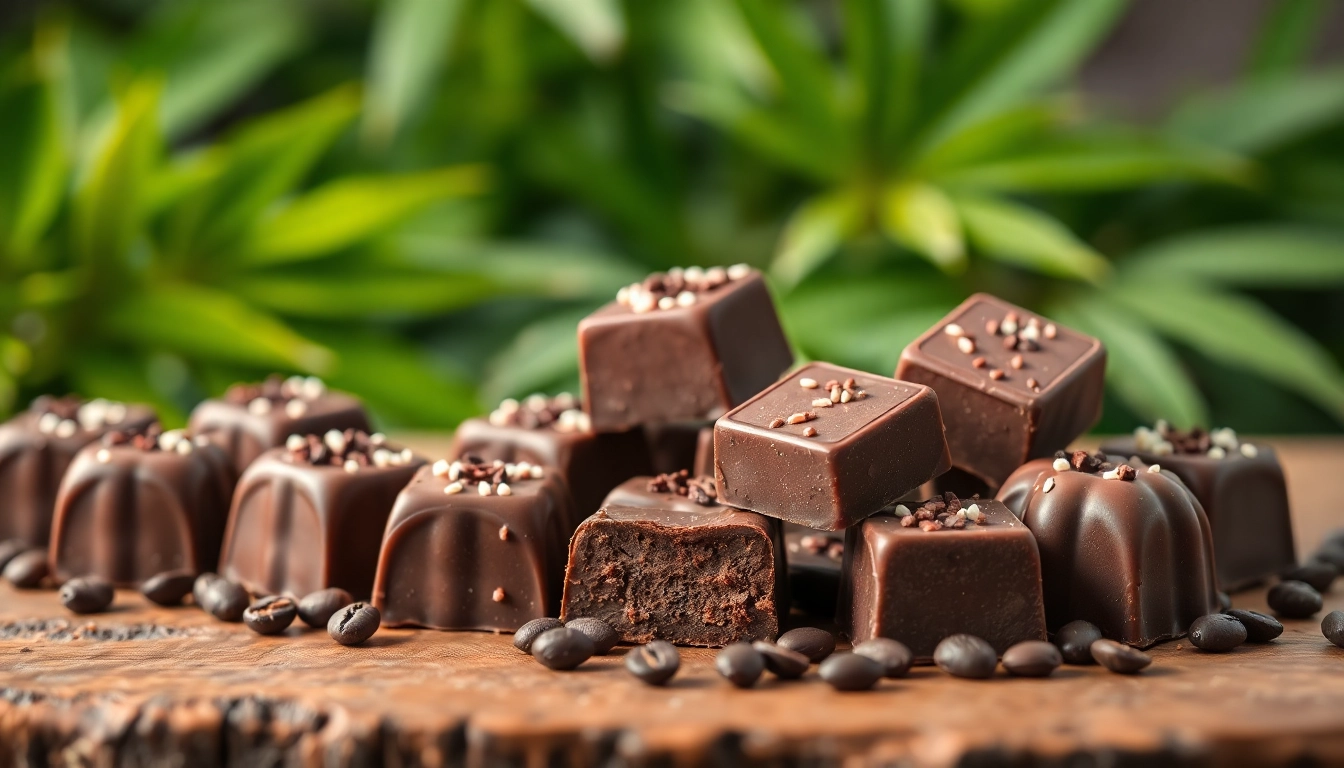 Indulge in chocolate edibles 1000mg displayed elegantly on a rustic table with lush greenery.