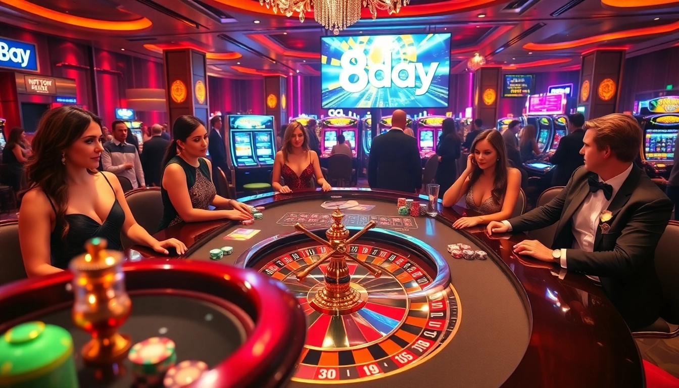A thrilling casino scene showcasing the excitement of gambling at 8day with vibrant games, elegant players, and luxurious decor.