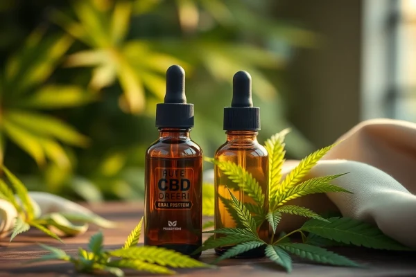 Discover Full spectrum CBD oil in a sleek bottle, surrounded by lush hemp leaves and natural elements.