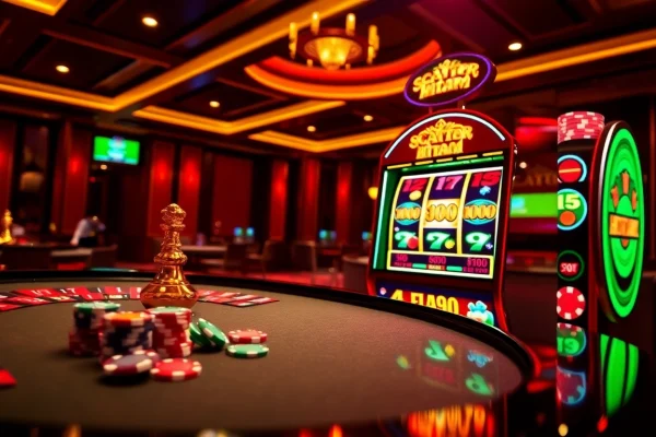 Engage with the scatter hitam symbol at a luxurious casino, showcasing vibrant slot machines and poker elements.