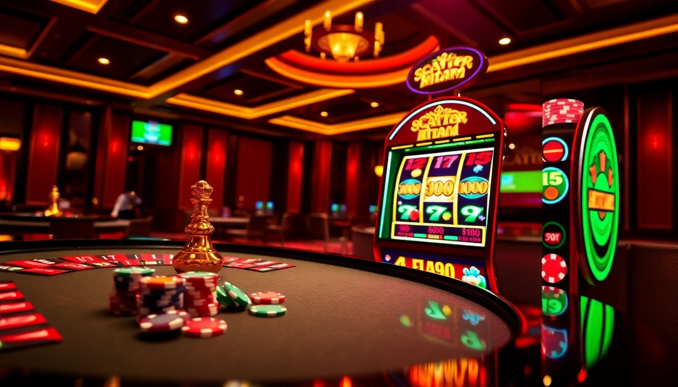 Engage with the scatter hitam symbol at a luxurious casino, showcasing vibrant slot machines and poker elements.