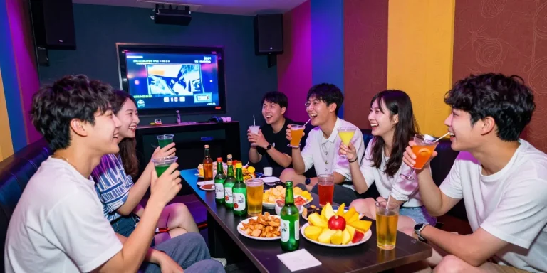 Group enjoying nightlife at www.3no.org with vibrant drinks, karaoke setup, and lively atmosphere.