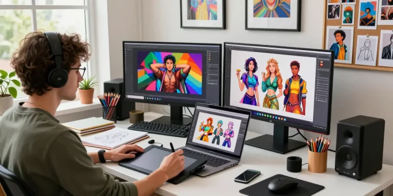 Artist creating NSFW digital designs in vibrant studio for ai nsfw artistic expression.