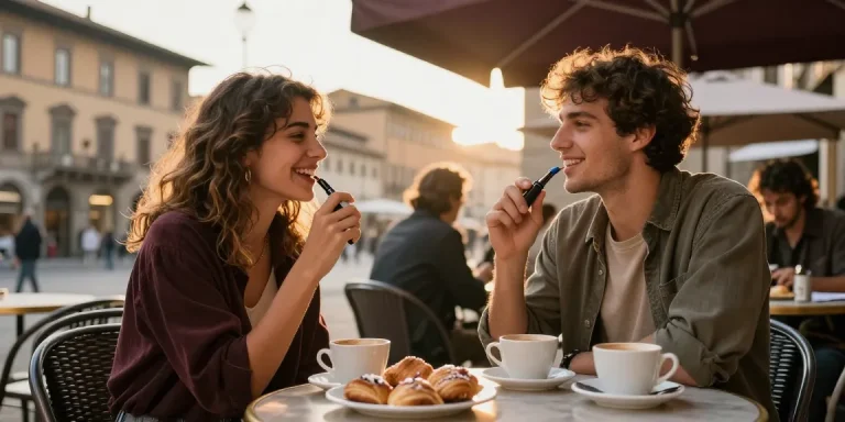 Couple enjoying vapes Italy at an outdoor café with pastries.