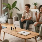 thc vape device in a cozy living room scene with CBD oil products, promoting natural wellness and an organic lifestyle.