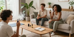 thc vape device in a cozy living room scene with CBD oil products, promoting natural wellness and an organic lifestyle.