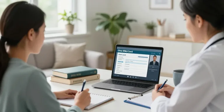 Patient consulting online for Ohio MMJ Card online with a licensed doctor in a cozy, inviting atmosphere.