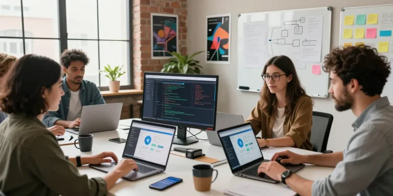 Collaborative team using the Telegram Web Version in a modern workspace, showcasing coding projects and creative design.