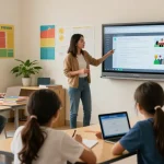 Engaged students use EMStudio's online teacher planner in a bright classroom setting.