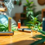 Experience the vibrant effects of weed vape uk with a sleek CBD setup amidst lush greenery.