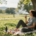 THC vape device surrounded by organic snacks in a serene outdoor wellness scene, promoting a clean, revitalizing experience.